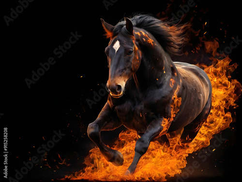 scary horse running in the night in fireflame photo