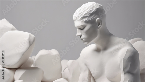A male sculpture made of white rock, situated among a pile of white rocks.