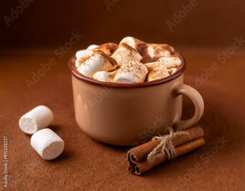 Taza de chocolate caliente con nubes y canela sobre un fondo de madera marrón con estética navideña, hogareño, prime plano, invierno