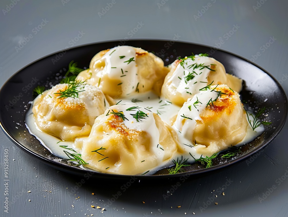 A black plate topped with dumplings covered in sauce and dill A black plate topped with dumplings covered in sauce and dill