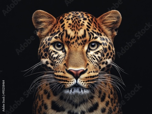 A close-up image of a leopard's face on a black background, suitable for use in wildlife or nature-themed projects