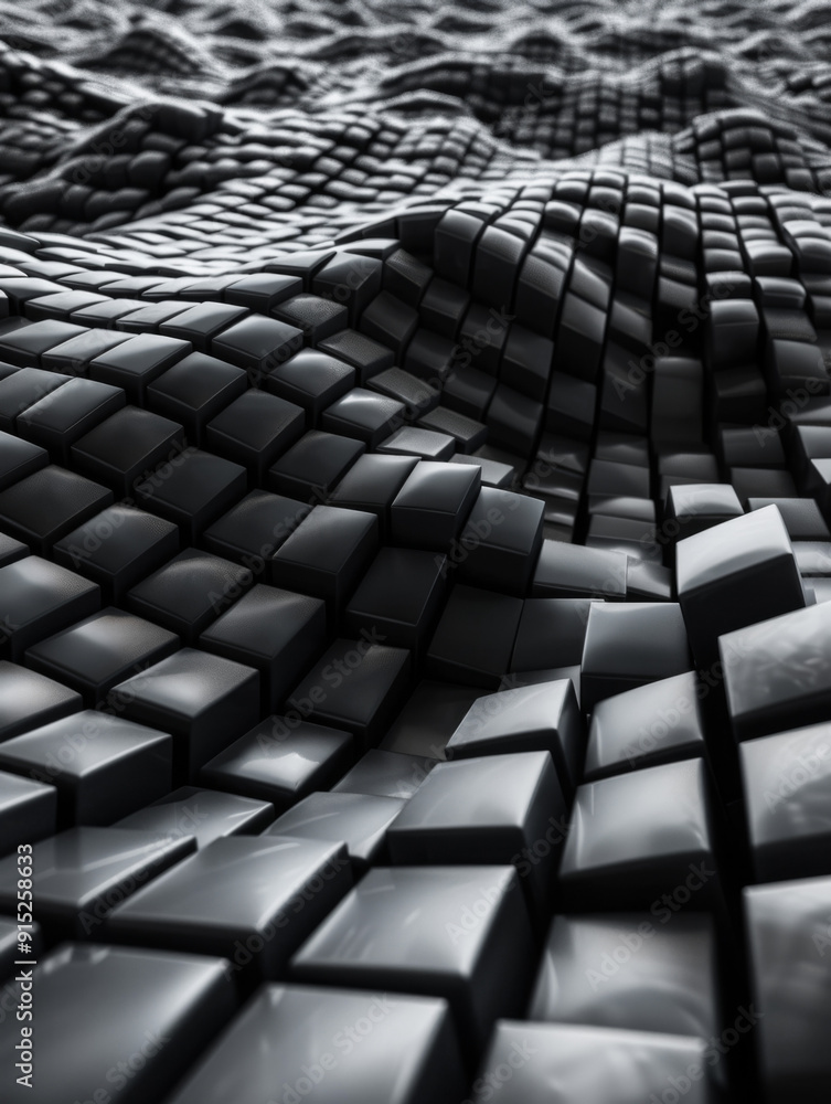 Fototapeta premium A black edgy background field of black cubes making a wave