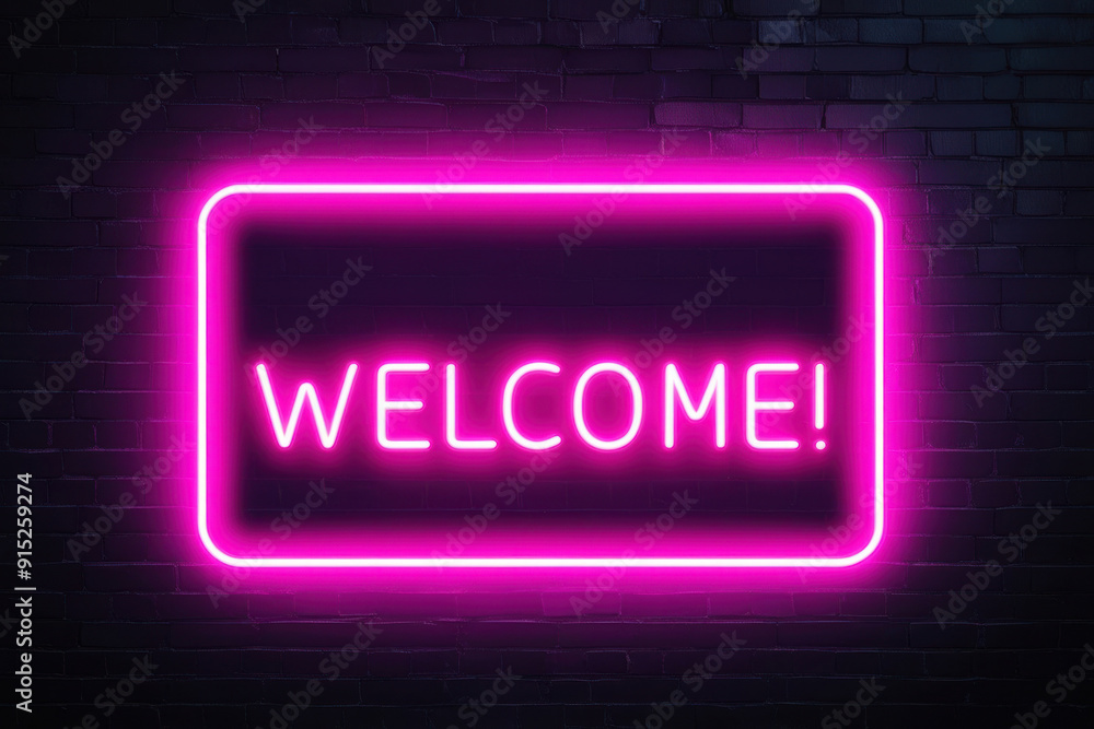 Stylish neon sign with word Welcome on dark brick wall. AI Stylish neon sign with word Welcome on dark brick wall. AI