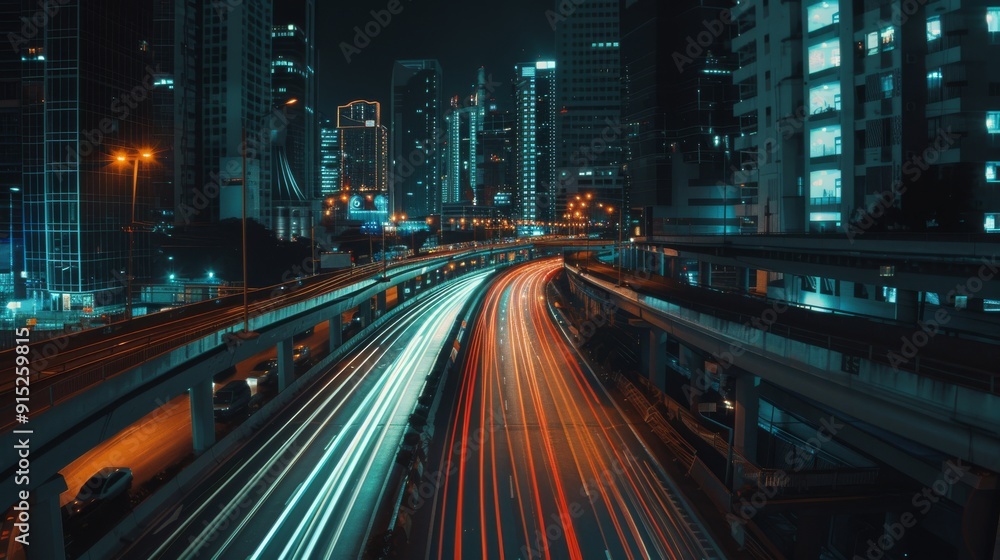 Obraz premium A bustling city street illuminated by vibrant streaks of car lights at night captures the energetic pulse of modern urban life against a backdrop of towering buildings.