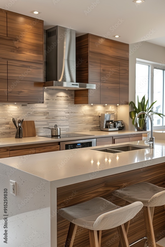 Modern Kitchen Interior with Wooden Cabinets, Island Counter, and Stainless Steel Appliances Modern Kitchen Interior with Wooden Cabinets, Island Counter, and Stainless Steel Appliances