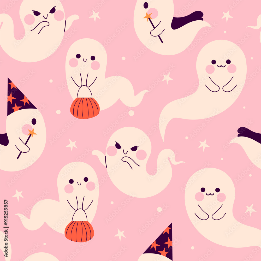 Seamless Halloween pattern with ghosts and skulls. Happy Halloween, Halloween for kids. Vector illustration in flat style
Seamless Halloween pattern with ghosts and skulls. Happy Halloween, Halloween for kids. Vector illustration in flat style