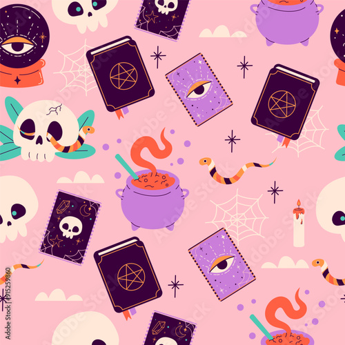 Seamless Halloween pattern with skull, cauldron with potion, poisons, spell book. Happy Halloween, Halloween for kids. Vector illustration in flat style	
