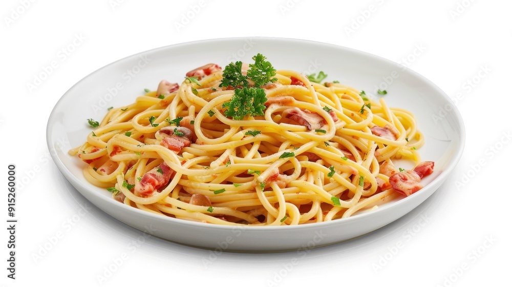 Spaghetti alla carbonara on white plate isolated on white background Spaghetti alla carbonara on white plate isolated on white background