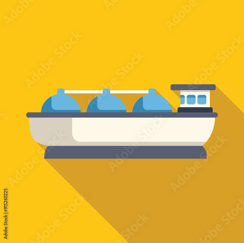 Gas tanker ship delivering liquefied natural gas using pipeline on yellow background