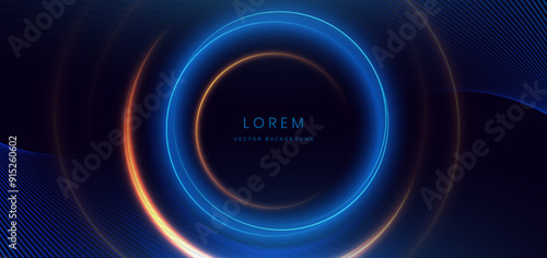 Blue and golden neon circles frame overlapping on dark blue background. Futuristic technology concept.