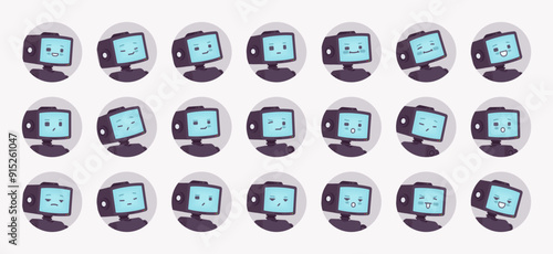 Robot friend smart cute AI technology chat bot avatar set, CRT computer retro head screen sate, feelings bundle, face icons, player character mood pic circles, funny expression. Vector illustration