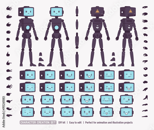 Robot friend smart cute AI technology chat bot DIY character creation set, male retro body figure part details. Head, leg, hand gestures, monitor state emotions, construction kit. Vector illustration