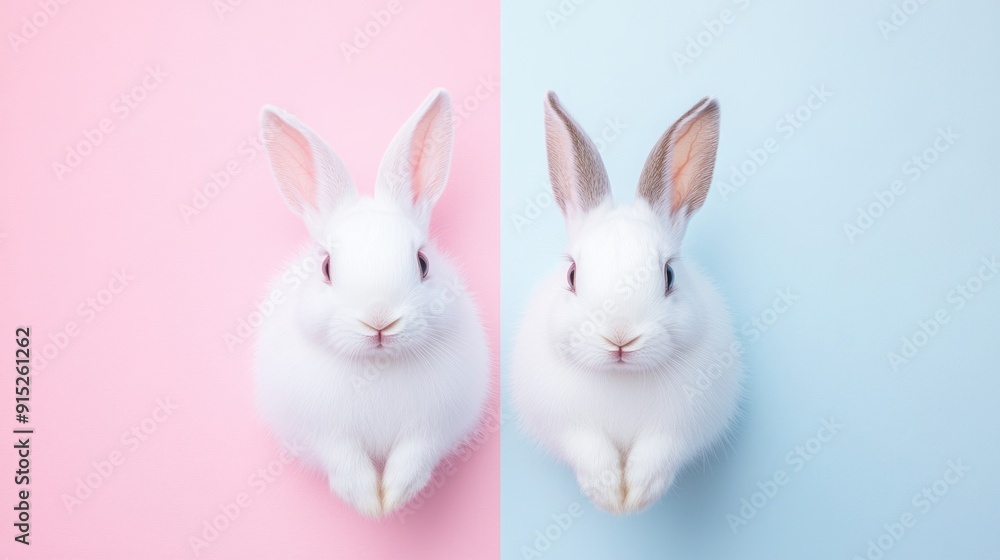 Obraz premium Two white rabbits looking at the camera on a pink and blue background.