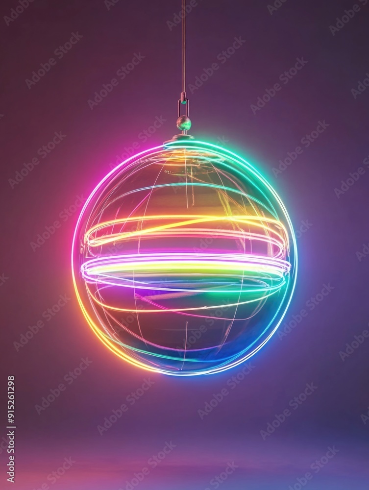 Fototapeta premium A single neon-colored ball is suspended from a string, creating a colorful and eye-catching scene