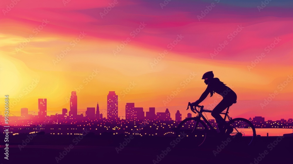 Fototapeta premium A cyclist rides into a colorful dusk, with city buildings silhouetted against the brilliant sunset backdrop.