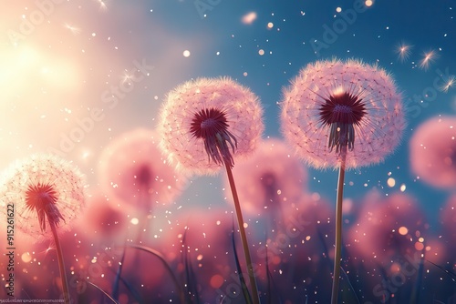 ethereal dandelion seeds floating on breeze against dreamy watercolor sky symbolizing freedom and hope