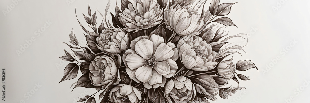Pencil Drawing Of A Lush Bouquet Of Flowers Pencil Drawing Of A Lush Bouquet Of Flowers