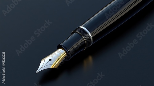 Close-up of a black fountain pen with gold accents on a dark background.