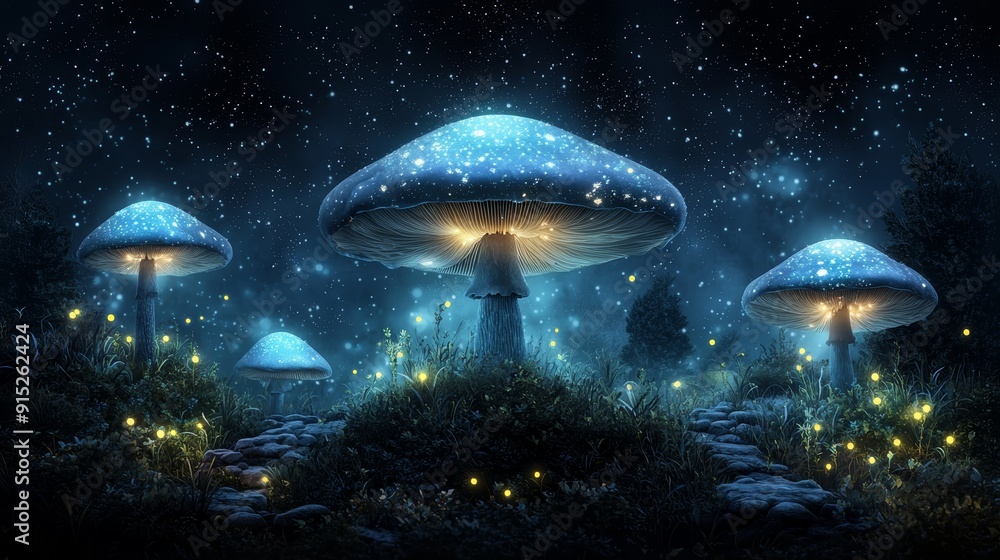 A mystical forest scene with glowing mushrooms and fireflies at night. A mystical forest scene with glowing mushrooms and fireflies at night.