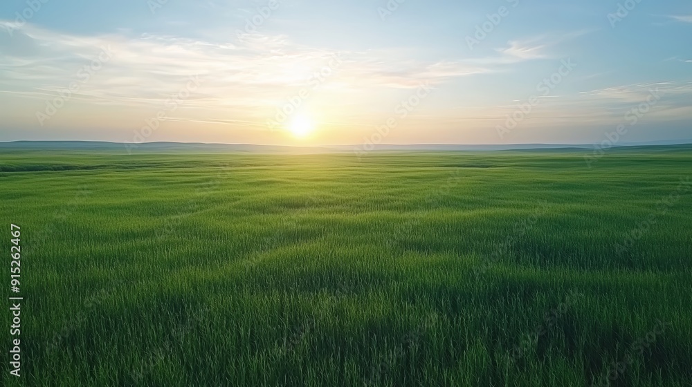 A scenic view of a vast green field at sunset. The sun is setting in the distance, casting a golden glow over the landscape. A scenic view of a vast green field at sunset. The sun is setting in the distance, casting a golden glow over the landscape.