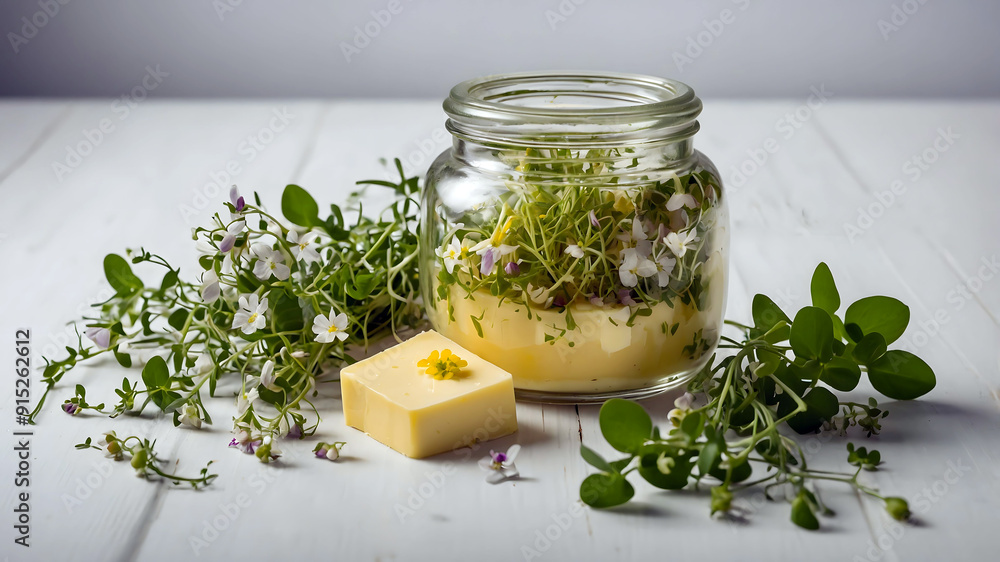 Butter, green micro herbs and edible flowers, yellow theme Butter, green micro herbs and edible flowers, yellow theme