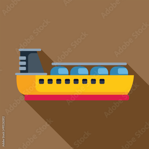 Yellow gas carrier ship, transporting liquefied natural gas, sailing on water