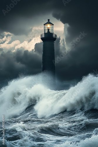 Towering Lighthouse Amidst Ocean Fury - A solitary lighthouse stands tall as massive waves surge and dark clouds loom, its beacon cutting through the stormy gloom.