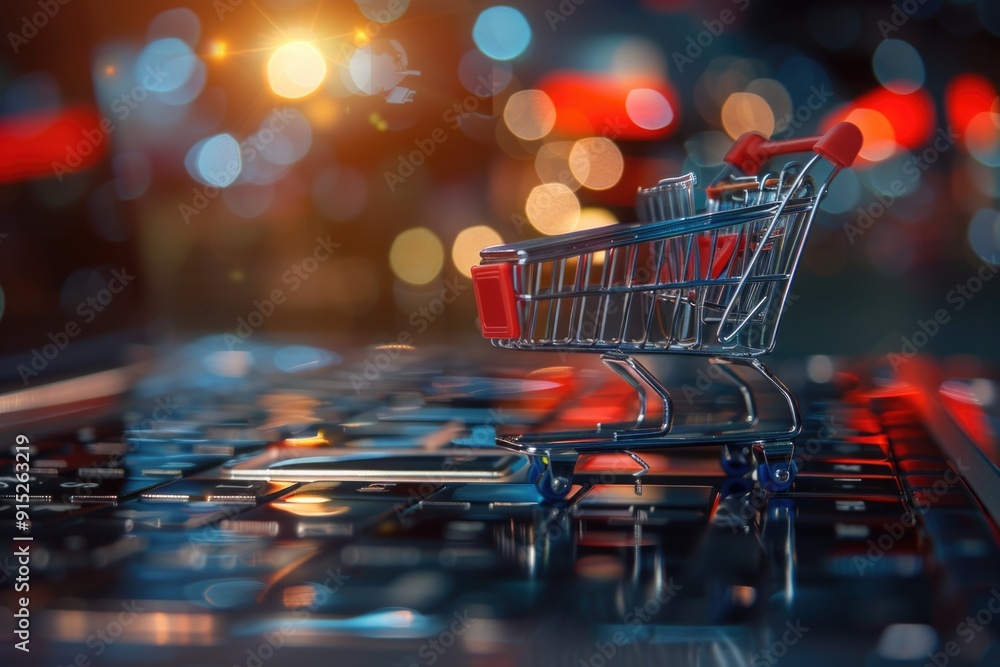 A shopping cart sitting on top of a laptop keyboard, highlighting the increasing presence of e-commerce in our daily lives A shopping cart sitting on top of a laptop keyboard, highlighting the increasing presence of e-commerce in our daily lives