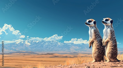 Two meerkats stand on a hill, gazing at a distant mountain range under a clear blue sky.