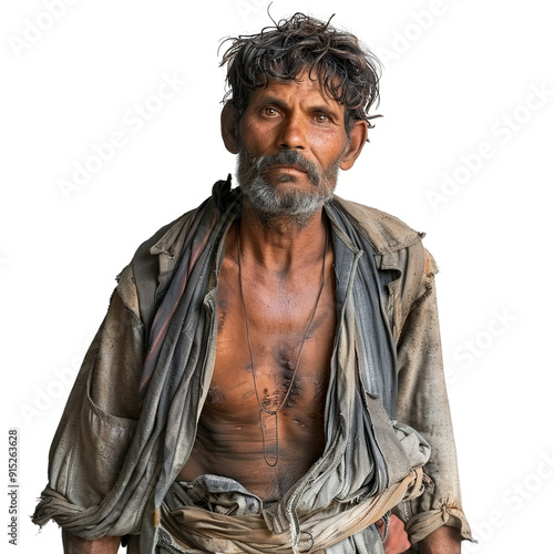 Front view mid body shot of a extremely ugly homeless Indian man in dirty and torn shirt & trousers looking very sad, isolated on a white transparent background photo