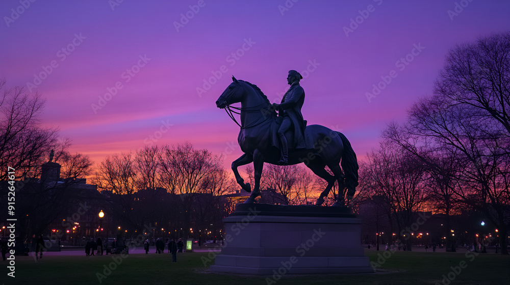 Naklejka premium George Washington Equestrian Statue at Public Garden at night in Boston Equestrian statue of George Washington Equestrian statue of George Washington Garden, Generative AI