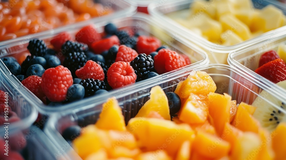 Close-up of assorted fresh berries and fruits in clear containers, showcasing a vibrant and appetizing display of colorful produce. Close-up of assorted fresh berries and fruits in clear containers, showcasing a vibrant and appetizing display of colorful produce.