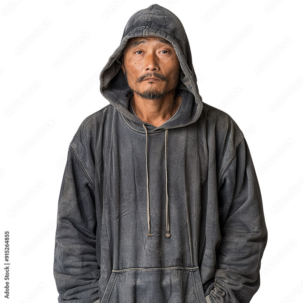 Front view mid body shot of a forlorn homeless Asian man in threadbare hoodie & sweatpants, emanating sadness, isolated on a white transparent background Front view mid body shot of a forlorn homeless Asian man in threadbare hoodie & sweatpants, emanating sadness, isolated on a white transparent background