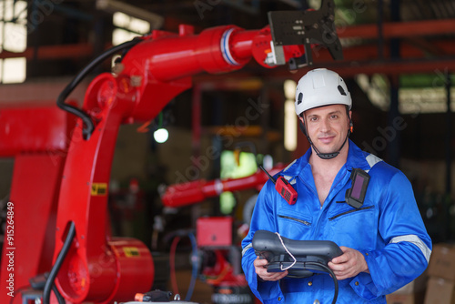 portrait young caucasian male welding robot factory engineer in protective workwear holding remote control robot arm posing to camera at automated manufacturing industry photo