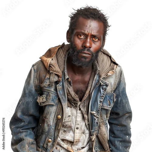 Front view mid body shot of a haggard homeless African man in torn jacket & jeans, emanating melancholy, isolated on a white transparent background photo