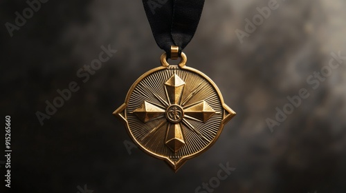 Close-up of a golden medal with a cross design. photo