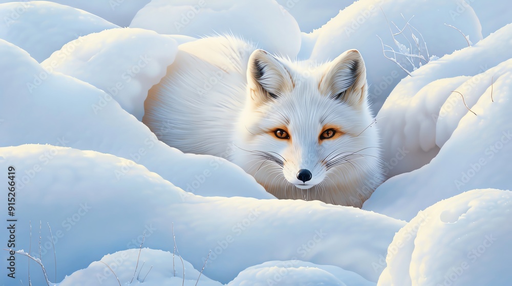 A beautiful white arctic fox rests among the snowy landscape, blending perfectly with its surroundings in a serene winter scene. A beautiful white arctic fox rests among the snowy landscape, blending perfectly with its surroundings in a serene winter scene.