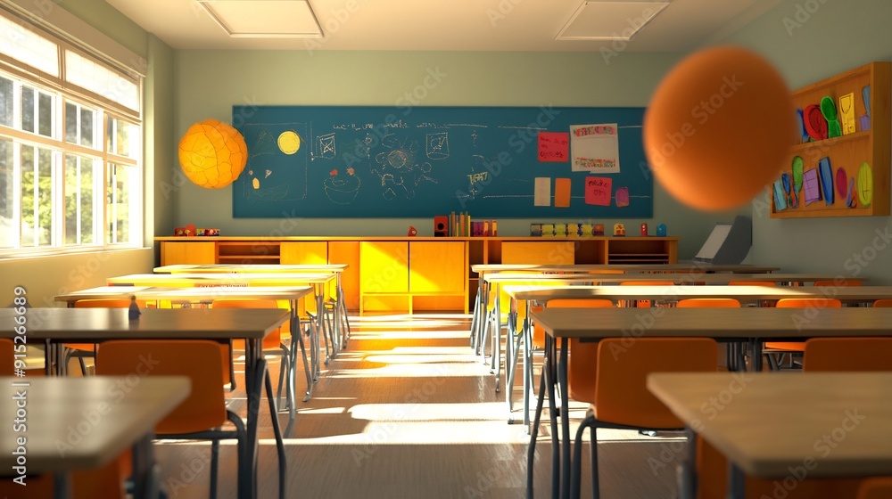 Empty Classroom with Sunny Windows and Colorful Details Empty Classroom with Sunny Windows and Colorful Details