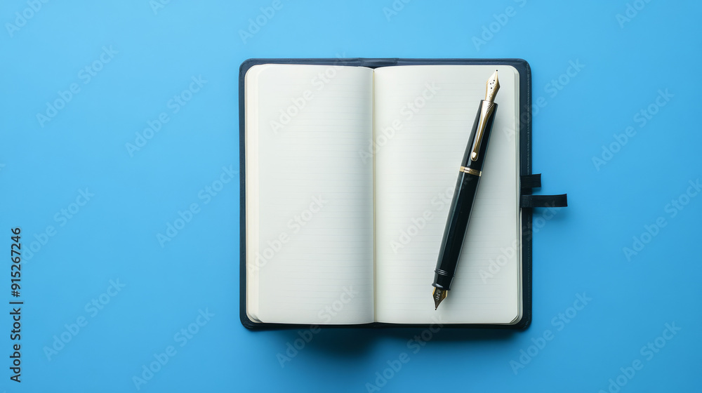 An open notebook lies on a blue surface. A fountain pen rests on the notebook. An open notebook lies on a blue surface. A fountain pen rests on the notebook.