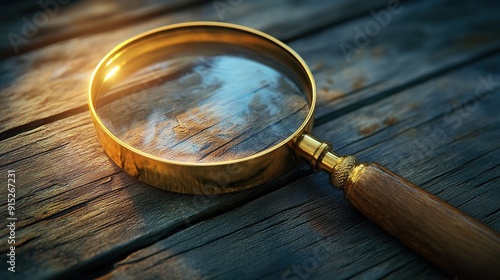 Closeup of a magnifying glass on a rustic wooden surface.