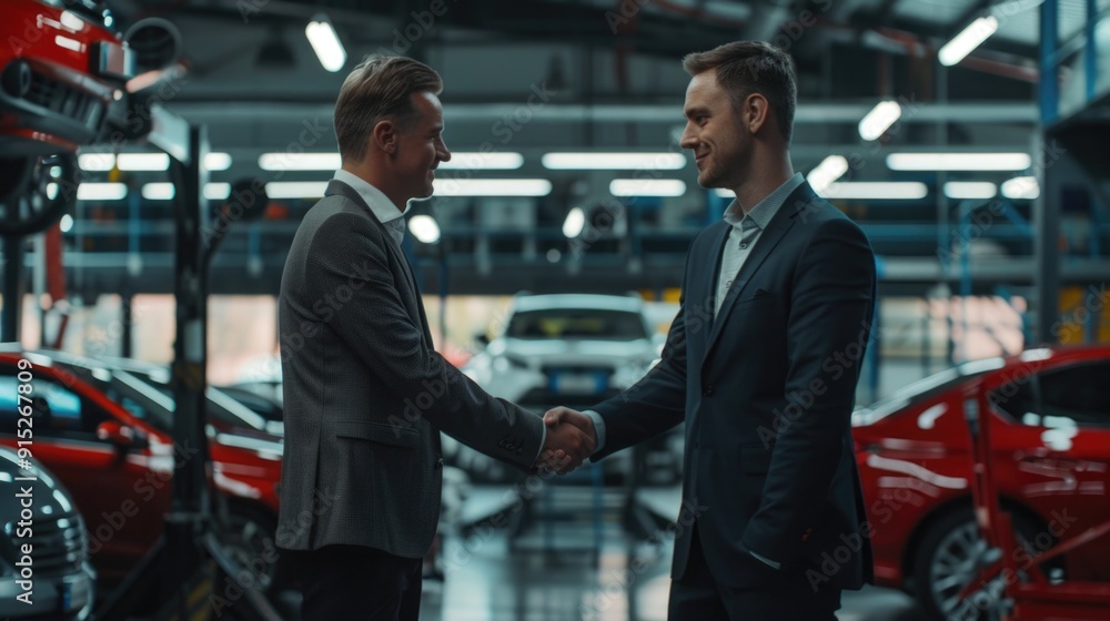 Two salesmen shaking hands in a car showroom with new vehicle models Two salesmen shaking hands in a car showroom with new vehicle models