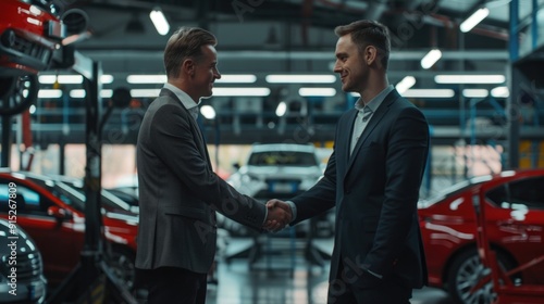 Two salesmen shaking hands in a car showroom with new vehicle models