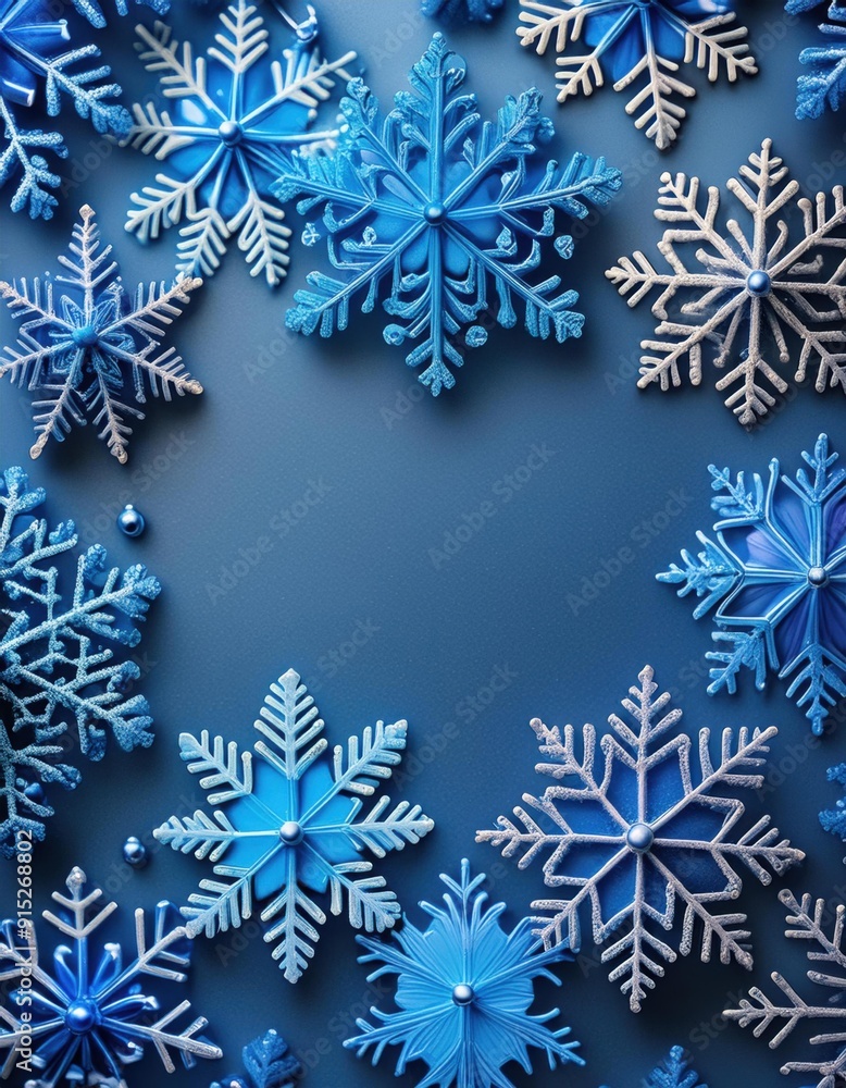 Many snowflakes arranged in a circle on a blue surface, Christmas background Many snowflakes arranged in a circle on a blue surface, Christmas background