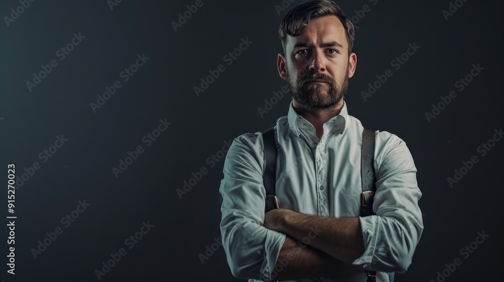 A man with a beard and mustache is standing in front of a dark background A man with a beard and mustache is standing in front of a dark background