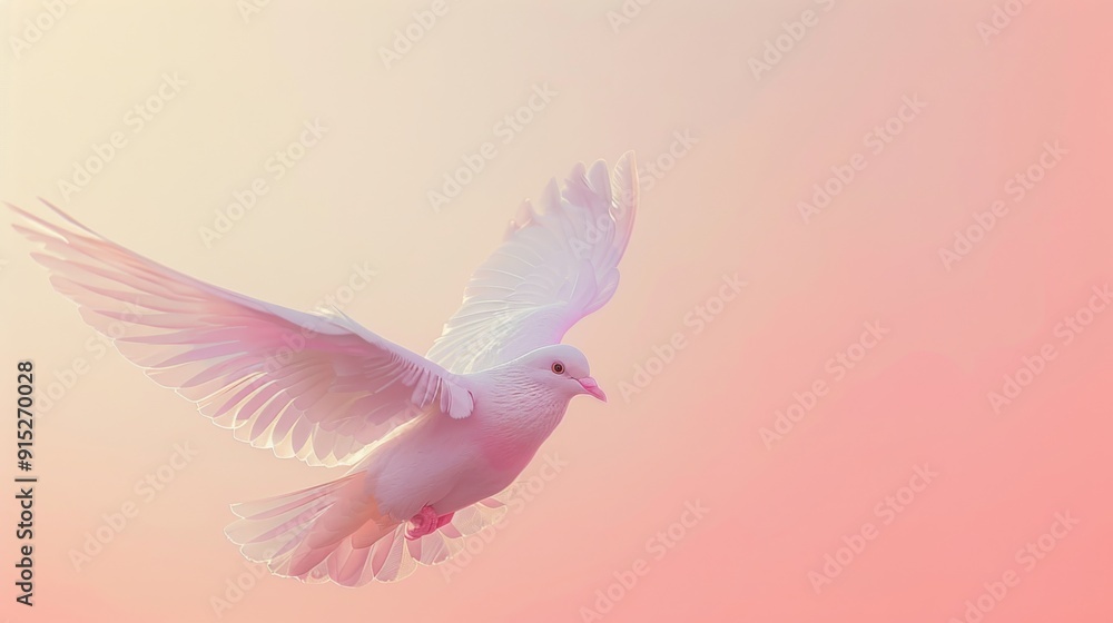 Fototapeta premium A white dove soars gracefully against a backdrop of soft pink sky at twilight, symbolizing peace and hope in a serene and ethereal moment.