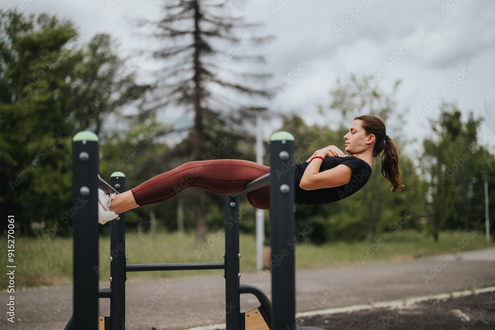 Obraz premium A young woman in athletic wear performs abdominal exercises on modern outdoor fitness equipment amid a serene park setting.