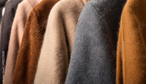 Close up cashmere coats on trembles. Jackets in warm earthy tones, autumn fashion, winter wardrobe