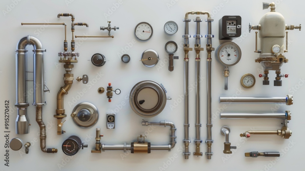 A detailed arrangement of plumbing parts and tools, showcasing a variety of components on a white background. A detailed arrangement of plumbing parts and tools, showcasing a variety of components on a white background.