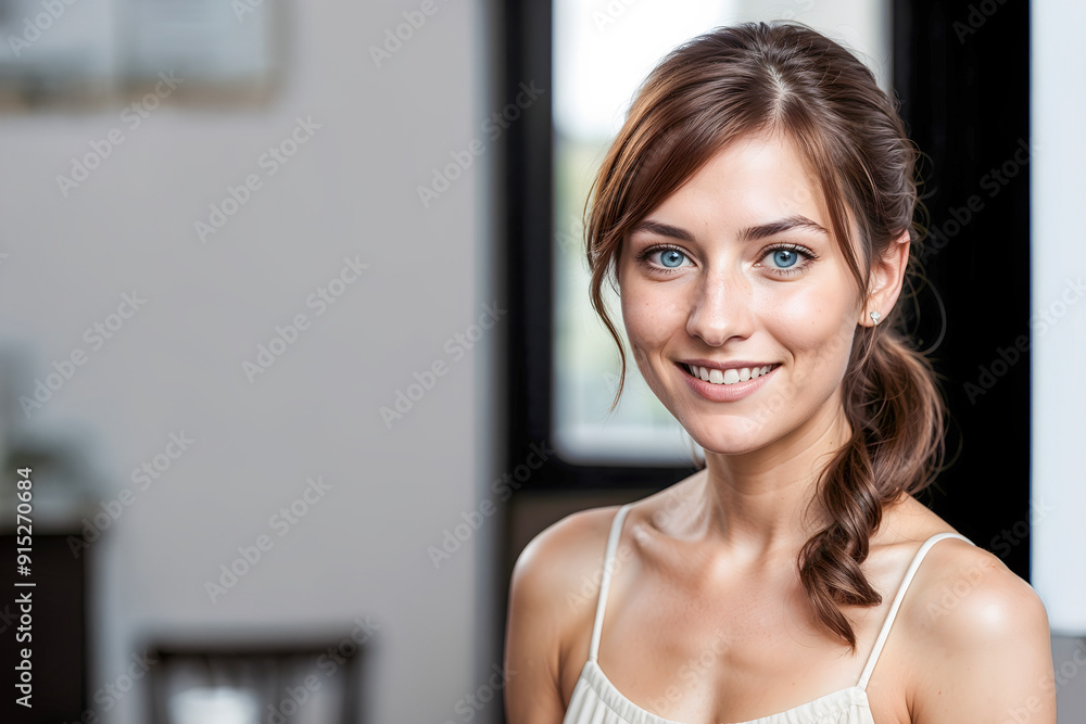 smiling young woman with text space or room for product smiling young woman with text space or room for product