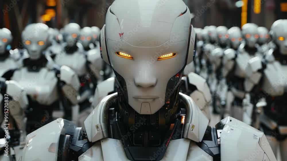 Futuristic robots with glowing eyes in precise formation Futuristic robots with glowing eyes in precise formation